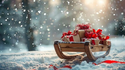 Christmas presents in a wooden sled under snowfall