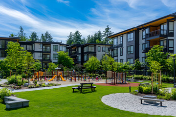 Fototapeta premium Modern Affordable Housing Community with Green Spaces and Family-Friendly Amenities