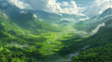 Lush green valley with river and mountains.