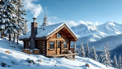 Naklejka premium A cozy log cabin on a snowy mountain slope, with smoke coming out of the chimney and a stack of firewood beside it