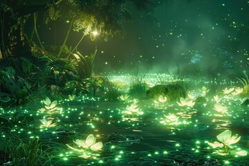 Obraz premium Glowing Water Lilies in a Mystical Green Forest