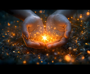 A magical scene with glowing star held by hands amidst sparkling particles in dark environment.