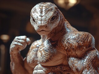 Muscular Snake Headed Bodybuilder Flexing Arms with Venomous Intensity at Gym Symbolizing Lethal Power and Stealth