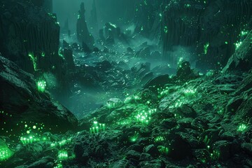 Bioluminescent Plants Growing on a Rocky Alien Landscape