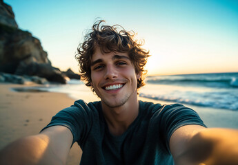 Smiling man enjoying sunset at beach