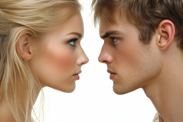 A young couple looking at each other in profile. An atmosphere of conflict.