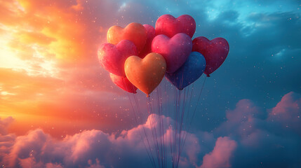 Fototapeta premium Colorful heart-shaped balloons drifting in vibrant sunset skies over fluffy clouds. Generative AI