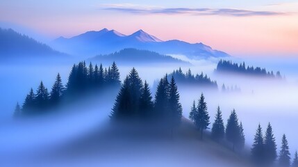 Obraz premium Misty Mountain Landscape With Silhouetted Pine Trees