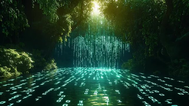 Enchanting Digital Forest with Waterfall Seamless Loop Background