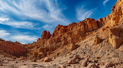 Fototapeta premium Brown rock formations against a blue sky during the daytime.