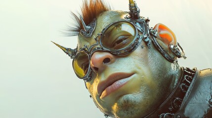Close-up of futuristic punk character with metallic goggles, spikes, and detailed facial expression.