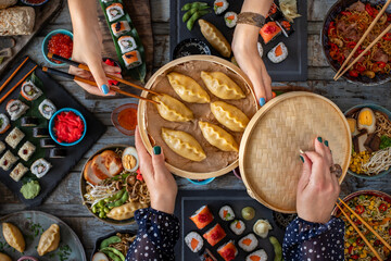 Gyoza jiaozi dumpling in the bamboo steamer 