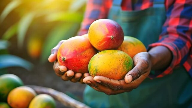 A fresh harvest of mangoes cradled in a farmer's hands, sunlight illuminating the fruits. Sustainable agriculture and the bounty of nature. Panorama with copy space.