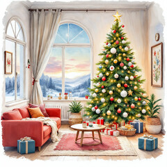 Watercolor Illustration of Christmas Themed Living Room