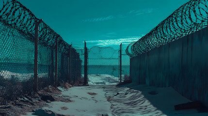 A desolate pathway through a barbed-wire fence leads to a serene beach, contrasting security with natural beauty.
