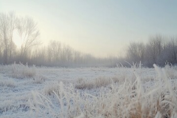 A frosty field with trees in the background on a foggy winter morning.