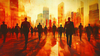 A vibrant cityscape with silhouetted figures walking towards a glowing skyline, evoking themes of ambition and urban life.