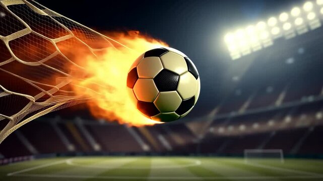 A soccer ball entering the goal with fiery motion in a dark stadium, symbolizing speed and power. Panorama with copy space.
