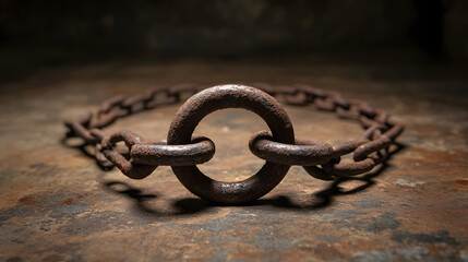 A rusty metal chain links a circular ring, resting on a textured surface, evoking themes of confinement or historical usage.