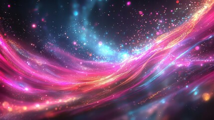 Fototapeta premium Abstract 3D Background: Glittering Pink, Blue, and Orange Waves Flowing Dynamically with Sparkling Particles
