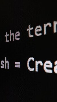Closeup macro shot movement of coding script moving across LED screen with real-time AI-generated typing, showcasing advanced AI learning in optimization, debug and coding for software development.