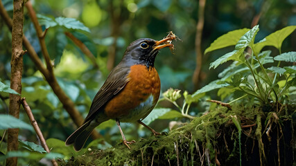  In the dense, vibrant jungle, an American Robin hops eagerly, a worm firmly grasped in its beak. aI