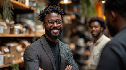 An e-commerce entrepreneur discussing logistics with a delivery team over coffee.