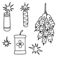 Firecrackers Icon Set. Black line contour elements isolated on a white background. Simple flat doodle design. Chinese style. New year, Celebration, Festival, Greeting cards, holiday decor, print, etc.