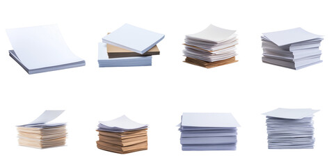 Assorted stack of blank paper sheets. transparent background