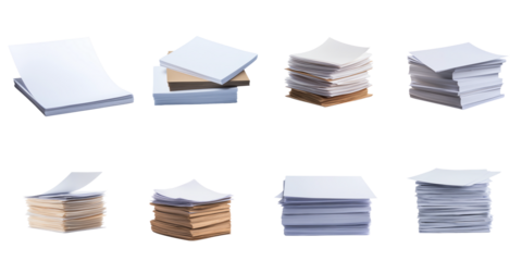 Assorted stack of blank paper sheets. transparent background