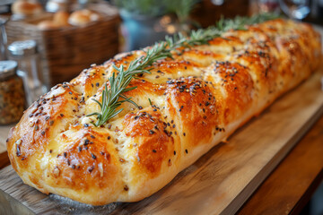 Delightful elongated loaf topped with herbs at a rustic bakery setting