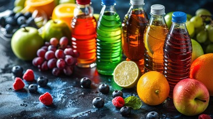 Colorful fruit drinks and fresh fruits.