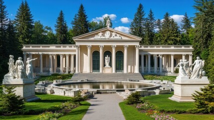Obraz premium Majestic Neoclassical Palace with Reflection Pond in Scenic Forestry