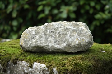 Grey stone resting on mossy surface with blurred green background