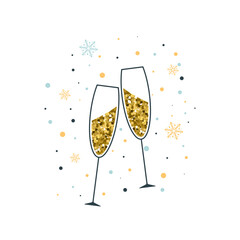 Vector illustration of two champagne glasses filled with golden glitter, surrounded by snowflakes and confetti. Ideal for festive celebration concepts such as New Year, Christmas, and elegant party