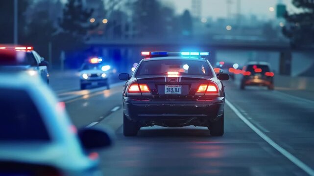 Highway police pursuit with flashing lights during dusk traffic scene