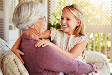 Girl, grandmother and hug by house for bonding, relax and love with support, care and cheerful....