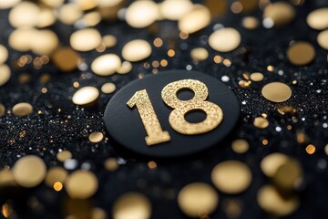 Golden eighteen with falling confetti on black background celebrating coming of age