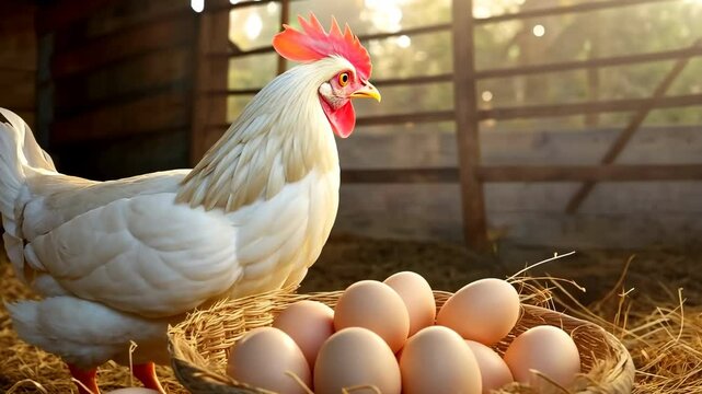 Chicken and eggs in a rustic farm setting, promoting organic and locally produced food. Panorama with copy space.