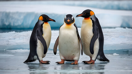 Obraz premium Three European Penguins stand close together, their tuxedo-like plumage creating a striking pattern against the icy backdrop. aI
