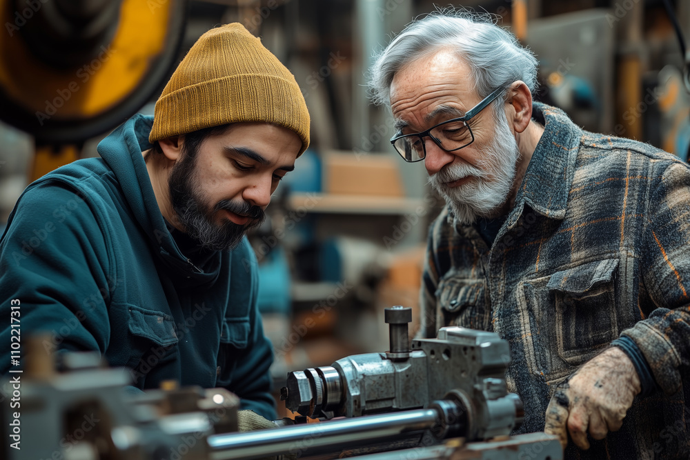 Poster Lathe operator guides apprentice in craftsmanship at the workshop