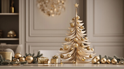 Obraz premium Stylish golden Christmas tree decorates a cozy living room for the festive season