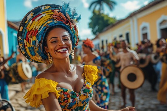 Brazilian woman dancing with colorful turban during carnival parade in pelourinho, salvador, bahia