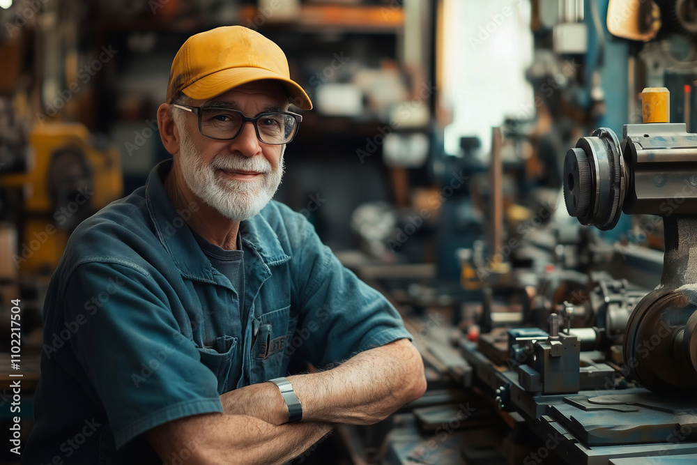 Poster Portrait of a skilled lathe operator in a bustling workshop setting