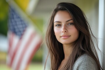 Young woman posing with american flag background