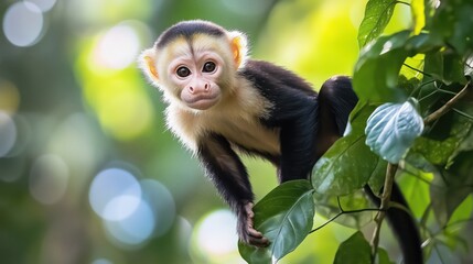 Obraz premium Affe neugierig zwischen tropischen Blättern