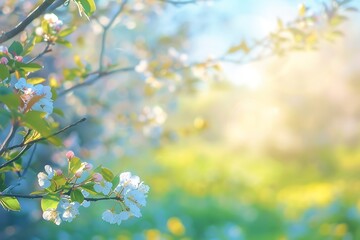 Fototapeta premium Blossoming branch of cherry on a background of blue sky with clouds