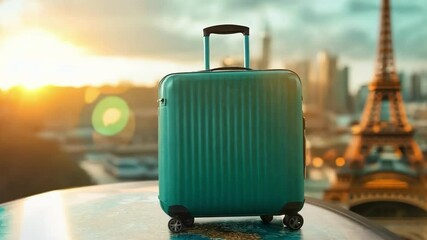 Blue suitcase is standing on a world map with the eiffel tower and a cityscape in the background, celebrating world tourism day