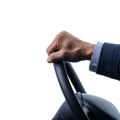 Hand gripping a car steering wheel firmly. transparent background