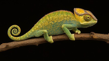 Obraz premium Chamäleon auf einem Ast mit grünem Schimmer